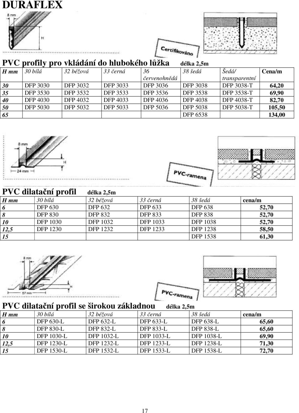 5038-T 105,50 65 DFP 6538 134,00 PVC dilatační profil délka 2,5m H mm 30 bílá 32 béžová 33 černá 38 šedá cena/m 6 DFP 630 DFP 632 DFP 633 DFP 638 52,70 8 DFP 830 DFP 832 DFP 833 DFP 838 52,70 10 DFP