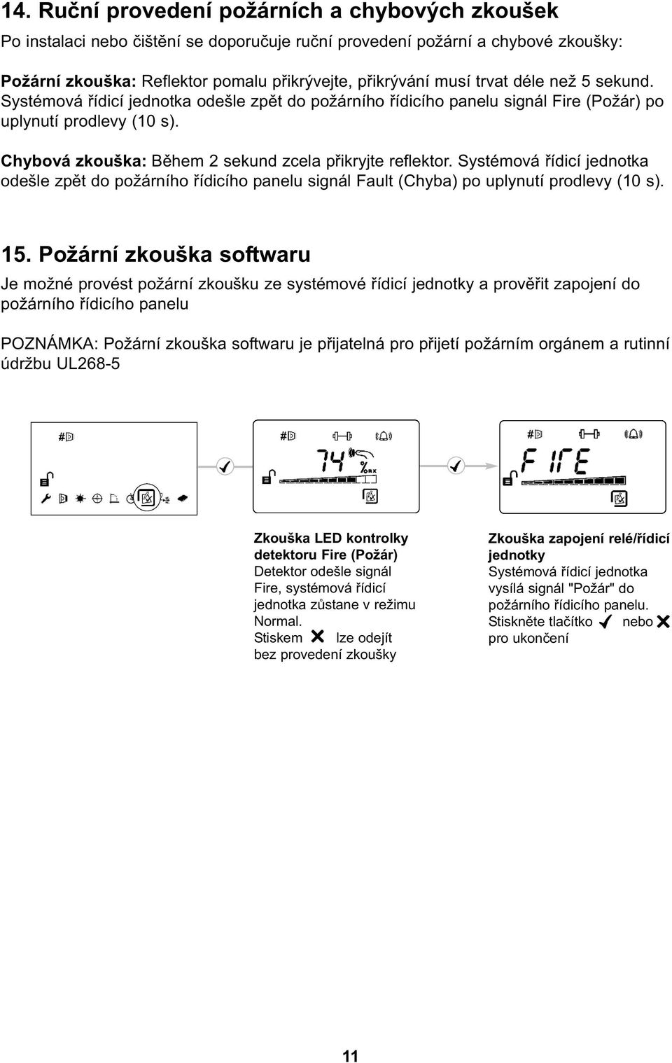 Systémová řídicí jednotka odešle zpět do požárního řídicího panelu signál Fault (Chyba) po uplynutí prodlevy (10 s). 15.