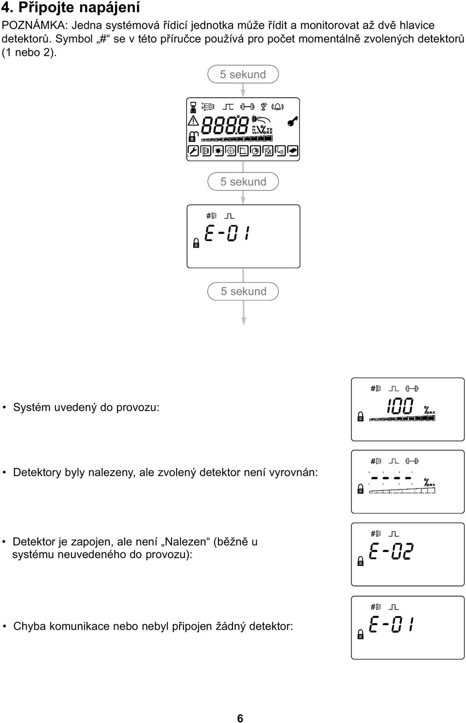 5 sekund 5 sekund 5 sekund Systém uvedený do provozu: Detektory byly nalezeny, ale zvolený detektor není