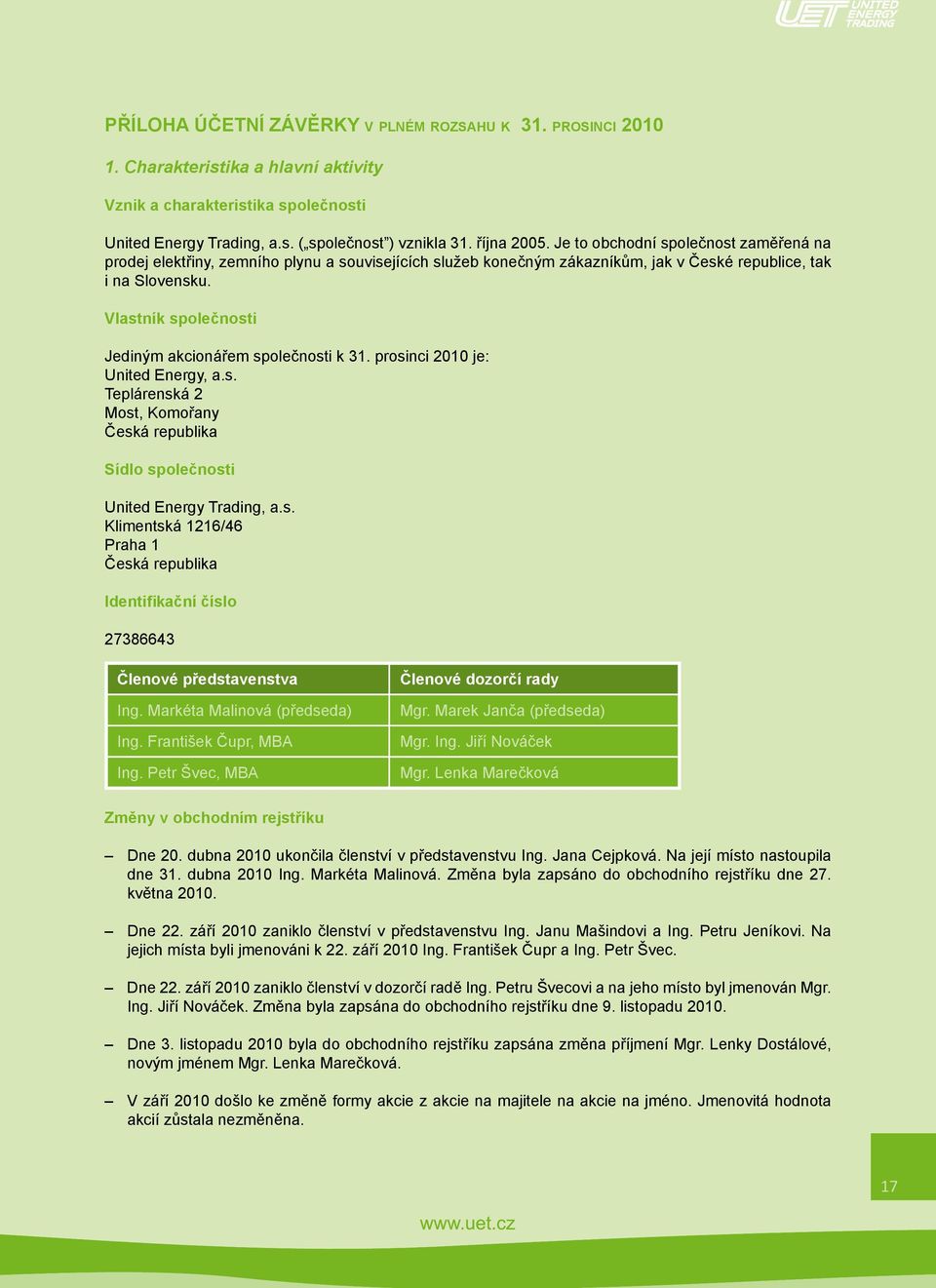 Vlastník společnosti Jediným akcionářem společnosti k 31. prosinci 2010 je: United Energy, a.s. Teplárenská 2 Most, Komořany Česká republika Sídlo společnosti United Energy Trading, a.s. Klimentská 1216/46 Praha 1 Česká republika Identifikační číslo 27386643 Členové představenstvaa dozorčí rady Členové k 31.