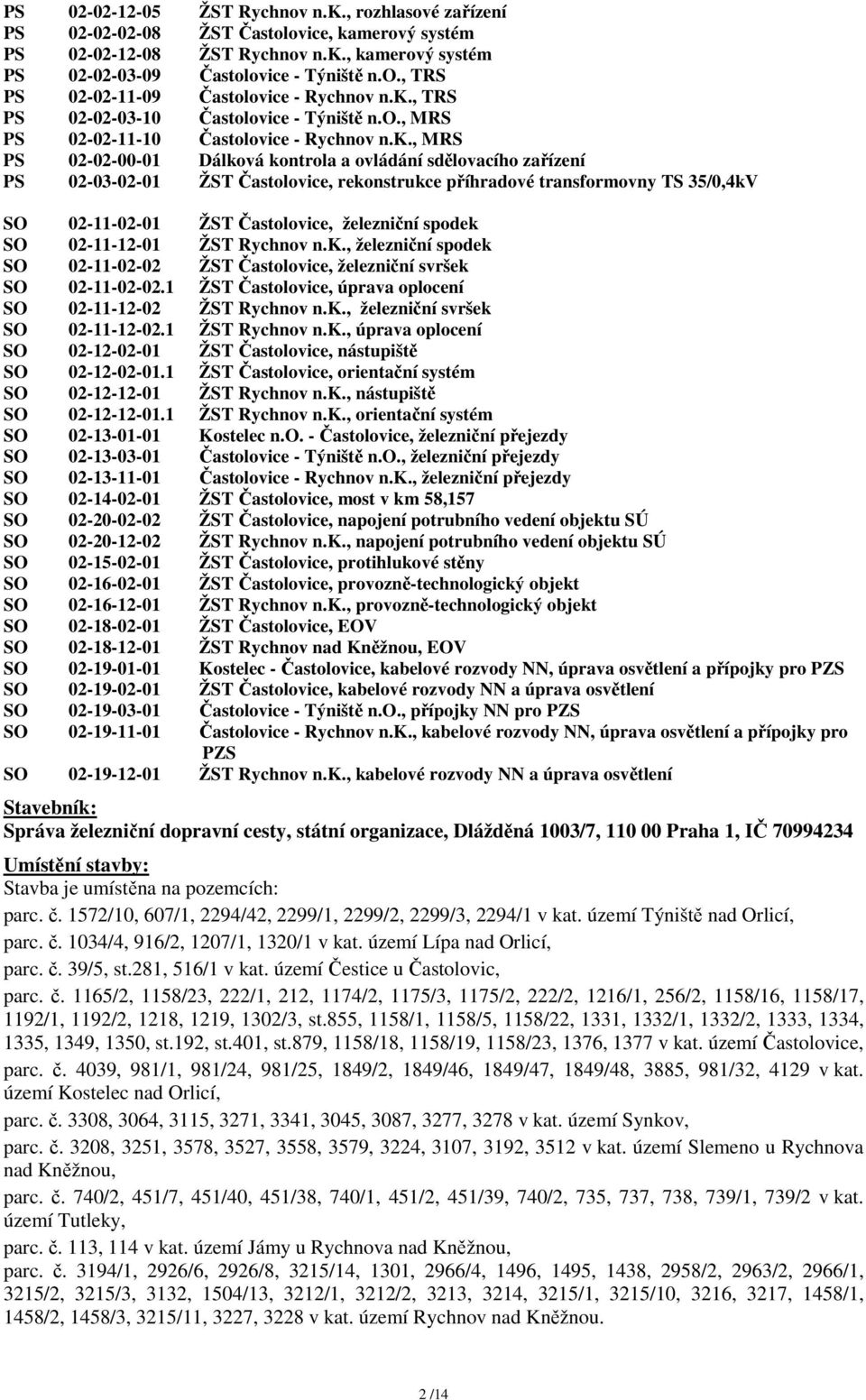 rekonstrukce příhradové transformovny TS 35/0,4kV SO 02-11-02-01 ŽST Častolovice, železniční spodek SO 02-11-12-01 ŽST Rychnov n.k., železniční spodek SO 02-11-02-02 ŽST Častolovice, železniční svršek SO 02-11-02-02.