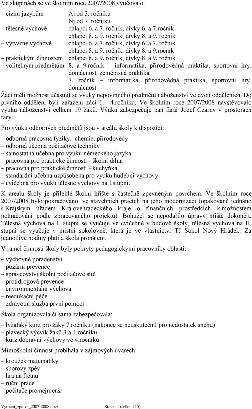 a 9.ročník informatika, přírodovědná praktika, sportovní hry, domácnost, zeměpisná praktika 7.