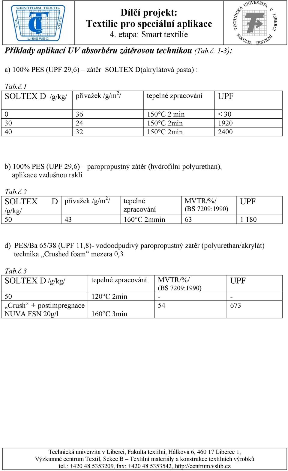 1 SOLTEX D /g/kg/ přívažek /g/m 2 / tepelné zpracování UPF 0 36 150 C 2 min < 30 30 24 150 C 2min 1920 40 32 150 C 2min 2400 b) 100% PES (UPF 29,6) paropropustný zátěr (hydrofilní