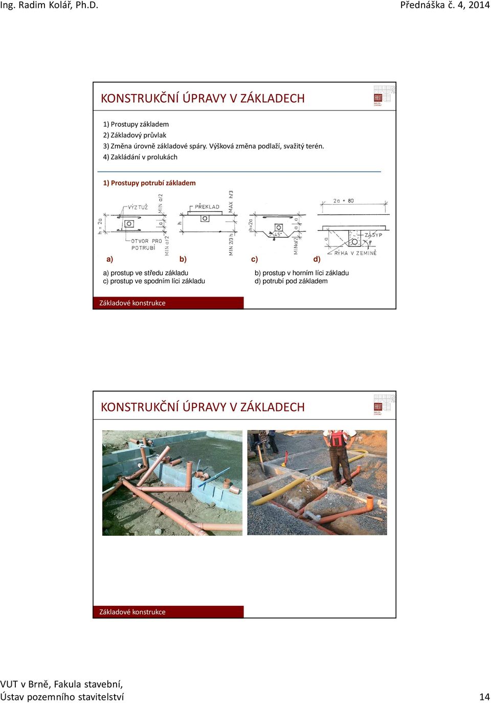 4) Zakládání v prolukách 1) Prostupy potrubí základem a) b) c) d) a) prostup ve středu základu b)