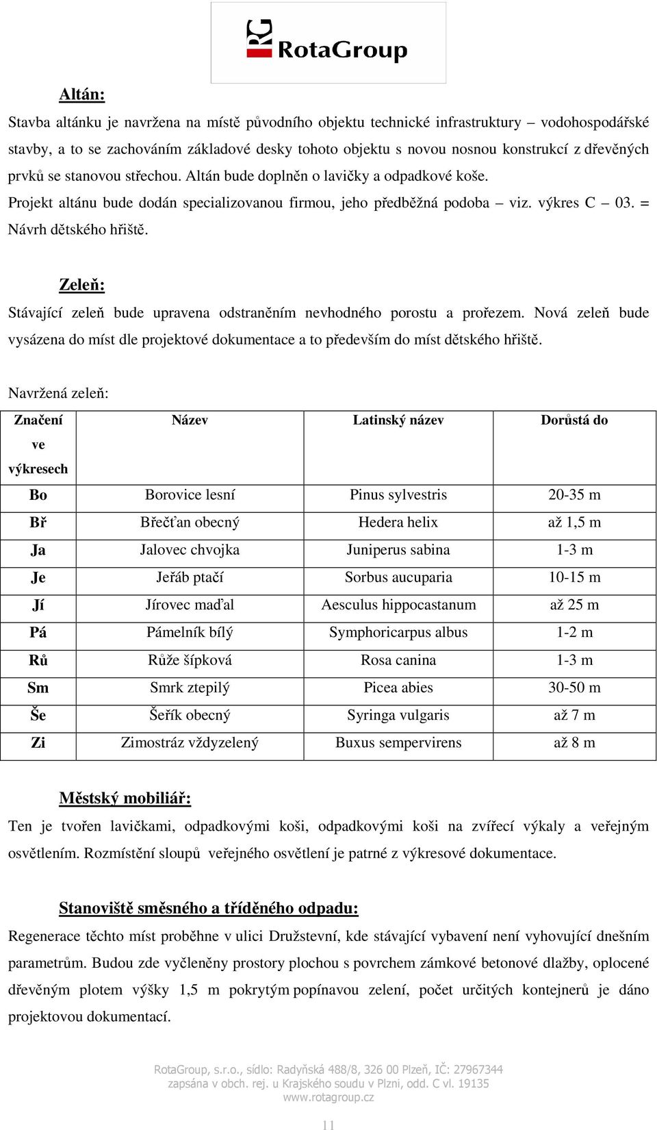 Zeleň: Stávající zeleň bude upravena odstraněním nevhodného porostu a prořezem. Nová zeleň bude vysázena do míst dle projektové dokumentace a to především do míst dětského hřiště.