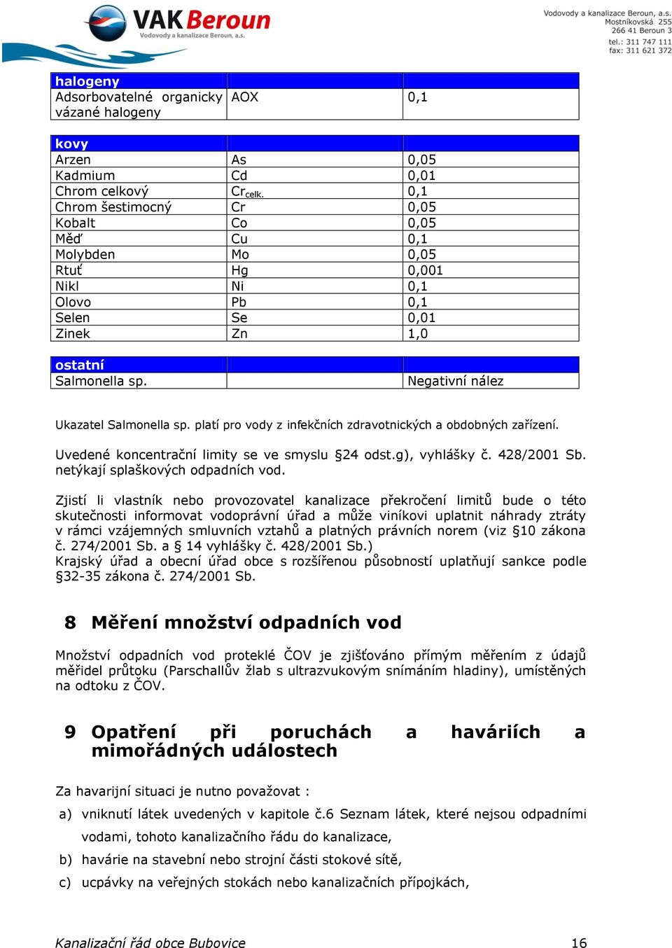 platí pro vody z infekčních zdravotnických a obdobných zařízení. Uvedené koncentrační limity se ve smyslu 24 odst.g), vyhlášky č. 428/2001 Sb. netýkají splaškových odpadních vod.