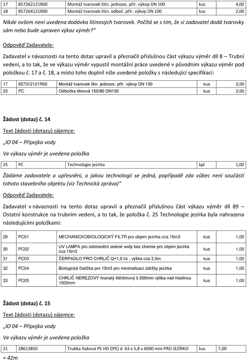 Zadavatel v návaznosti na tento dotaz upravil a přeznačil příslušnou část výkazu výměr díl 8 Trubní vedení, a to tak, že ve výkazu výměr vypustil montážní práce uvedené v původním výkazu výměr pod