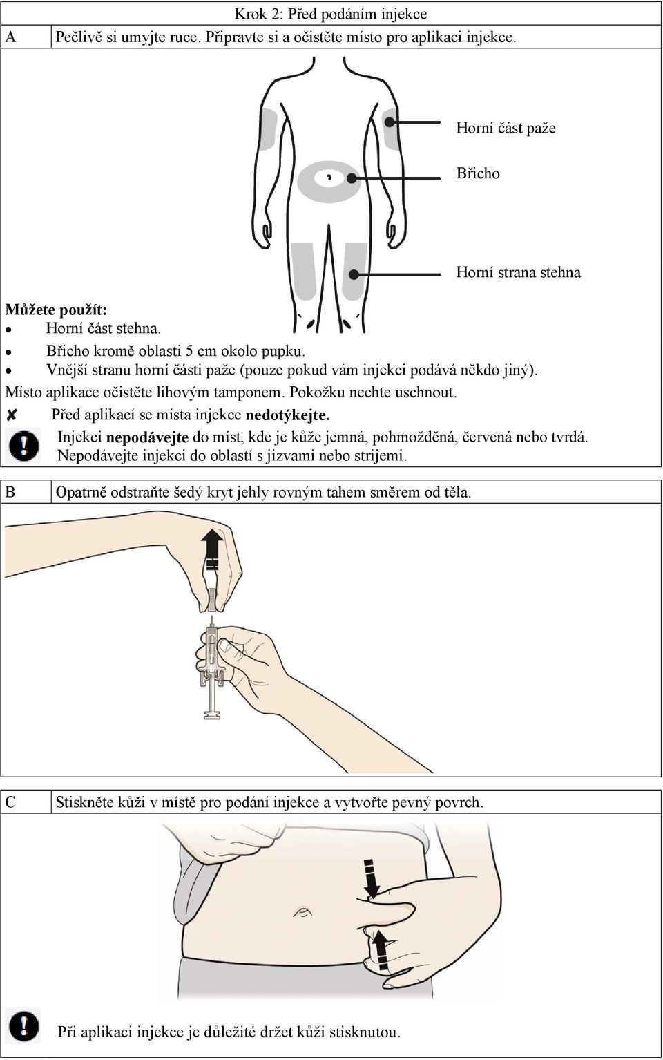 Před aplikací se místa injekce nedotýkejte. Injekci nepodávejte do míst, kde je kůže jemná, pohmožděná, červená nebo tvrdá. Nepodávejte injekci do oblastí s jizvami nebo strijemi.