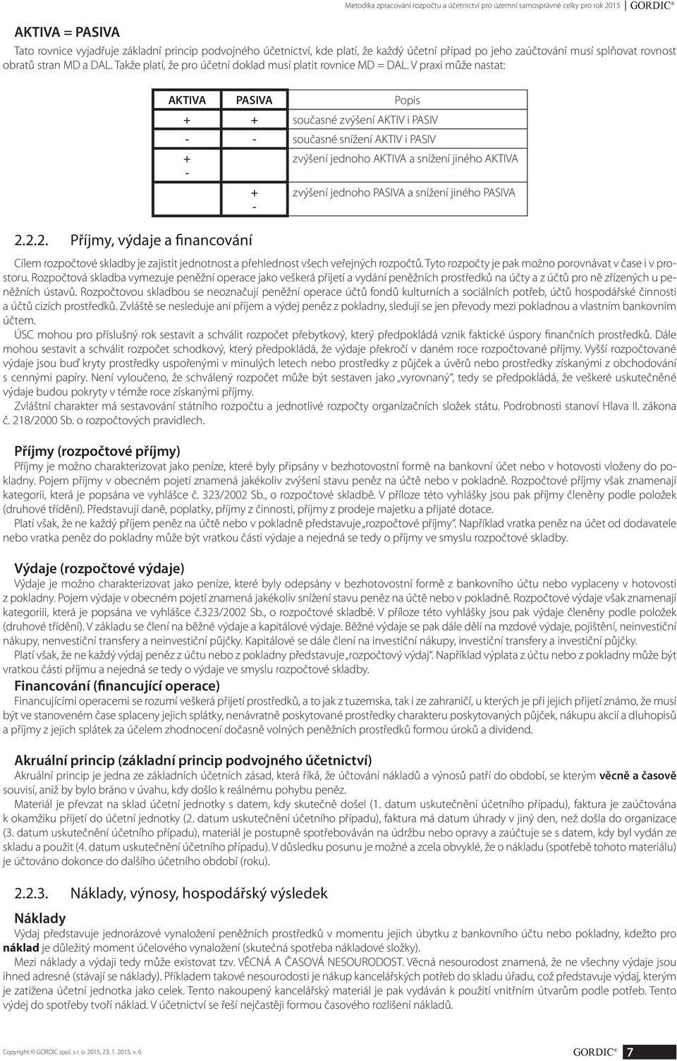 2.2. Příjmy, výdaje a financování AKTIVA PASIVA Popis + + současné zvýšení AKTIV i PASIV - - současné snížení AKTIV i PASIV + - + - zvýšení jednoho AKTIVA a snížení jiného AKTIVA zvýšení jednoho