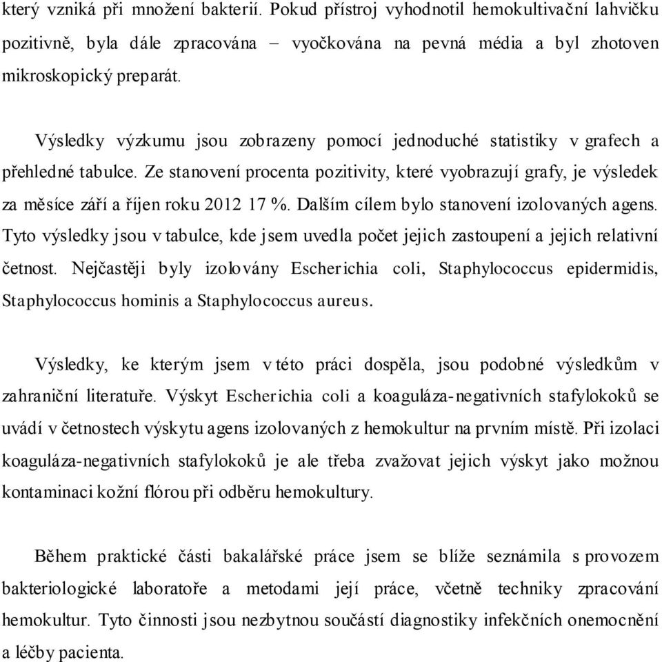 Dalším cílem bylo stanovení izolovaných agens. Tyto výsledky jsou v tabulce, kde jsem uvedla počet jejich zastoupení a jejich relativní četnost.