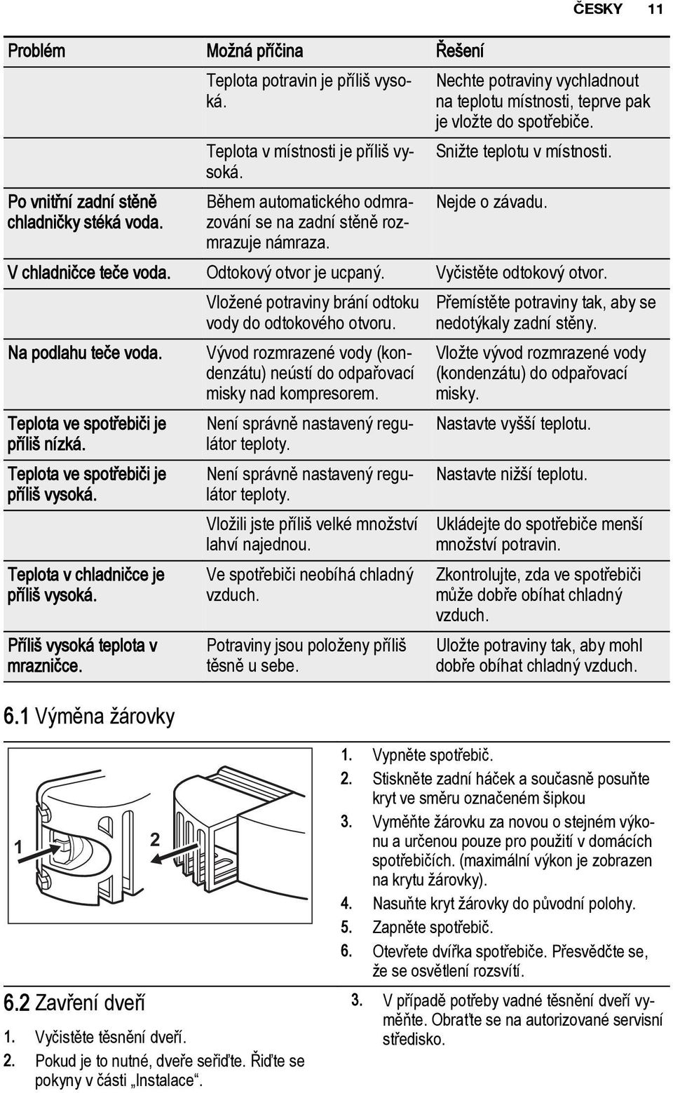 V chladničce teče voda. Odtokový otvor je ucpaný. Vyčistěte odtokový otvor. Na podlahu teče voda. Teplota ve spotřebiči je příliš nízká. Teplota ve spotřebiči je příliš vysoká.