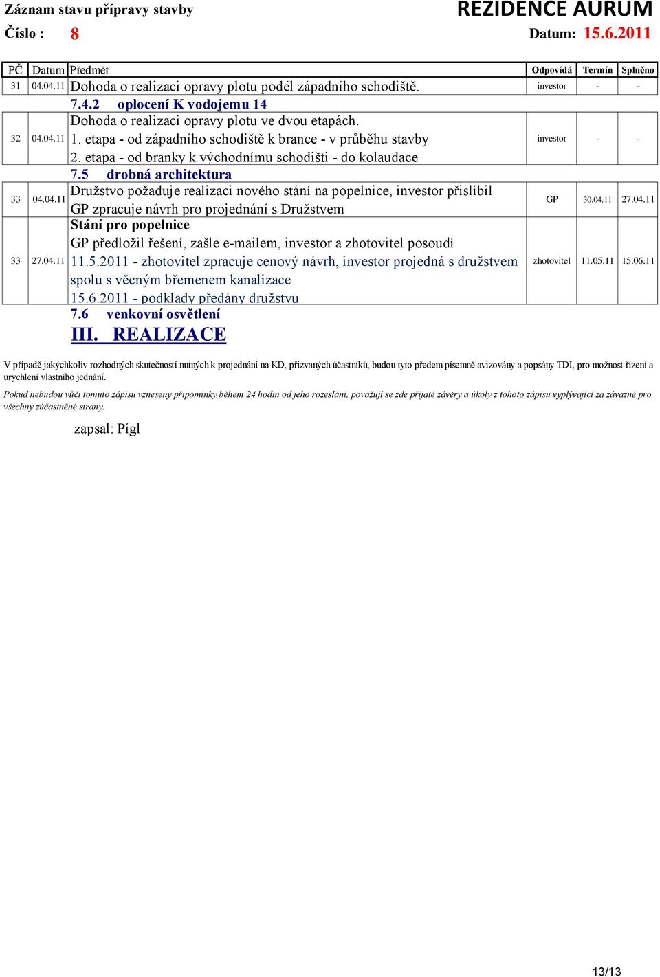 4.11 GP zpracuje návrh pro projednání s Družstvem Stání pro popelnice GP předložil řešení, zašle e-mailem, investor a zhotovitel posoudí 33 27.4.11 11.5.