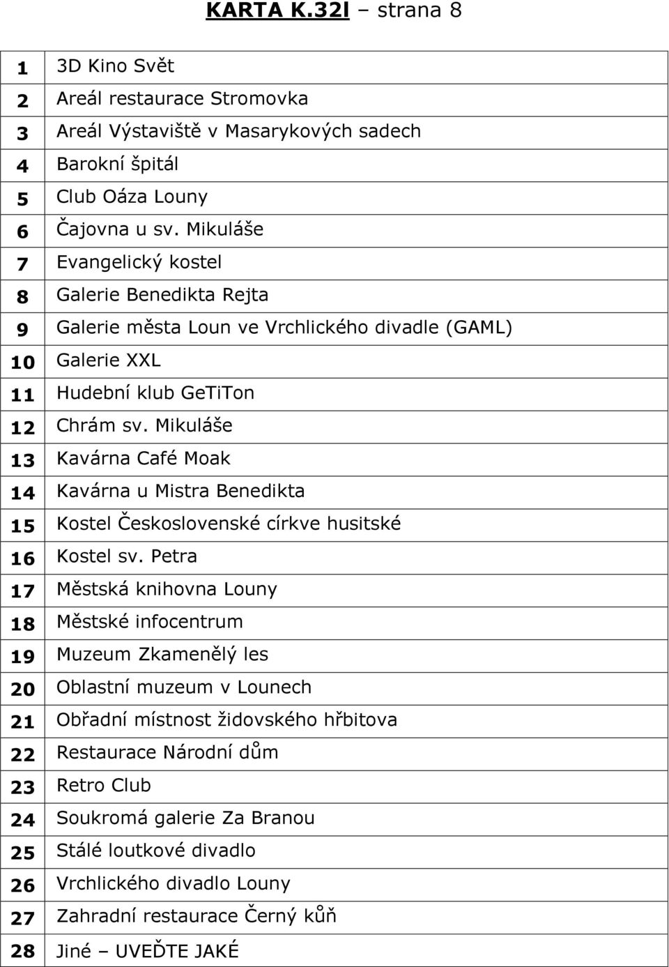 Mikuláše 13 Kavárna Café Moak 14 Kavárna u Mistra Benedikta 15 Kostel Československé církve husitské 16 Kostel sv.