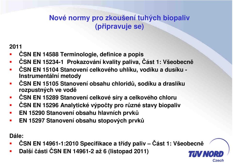 rozpustných ve vodě ČSN EN 15289 Stanovení celkové síry a celkového chloru ČSN EN 15296 Analytické výpočty pro různé stavy biopaliv EN 15290 Stanovení obsahu