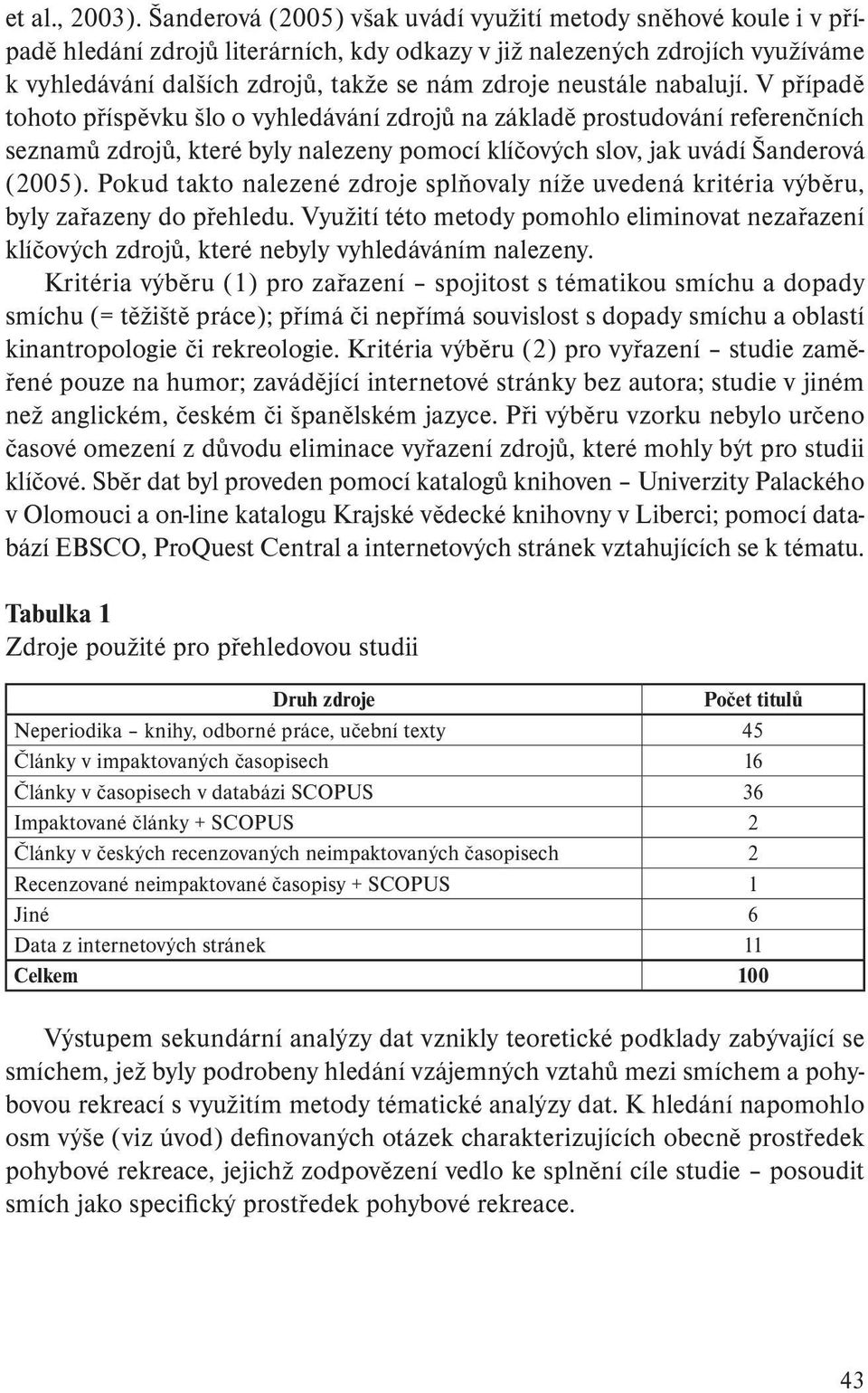 neustále nabalují. V případě tohoto příspěvku šlo o vyhledávání zdrojů na základě prostudování referenčních seznamů zdrojů, které byly nalezeny pomocí klíčových slov, jak uvádí Šanderová (2005).