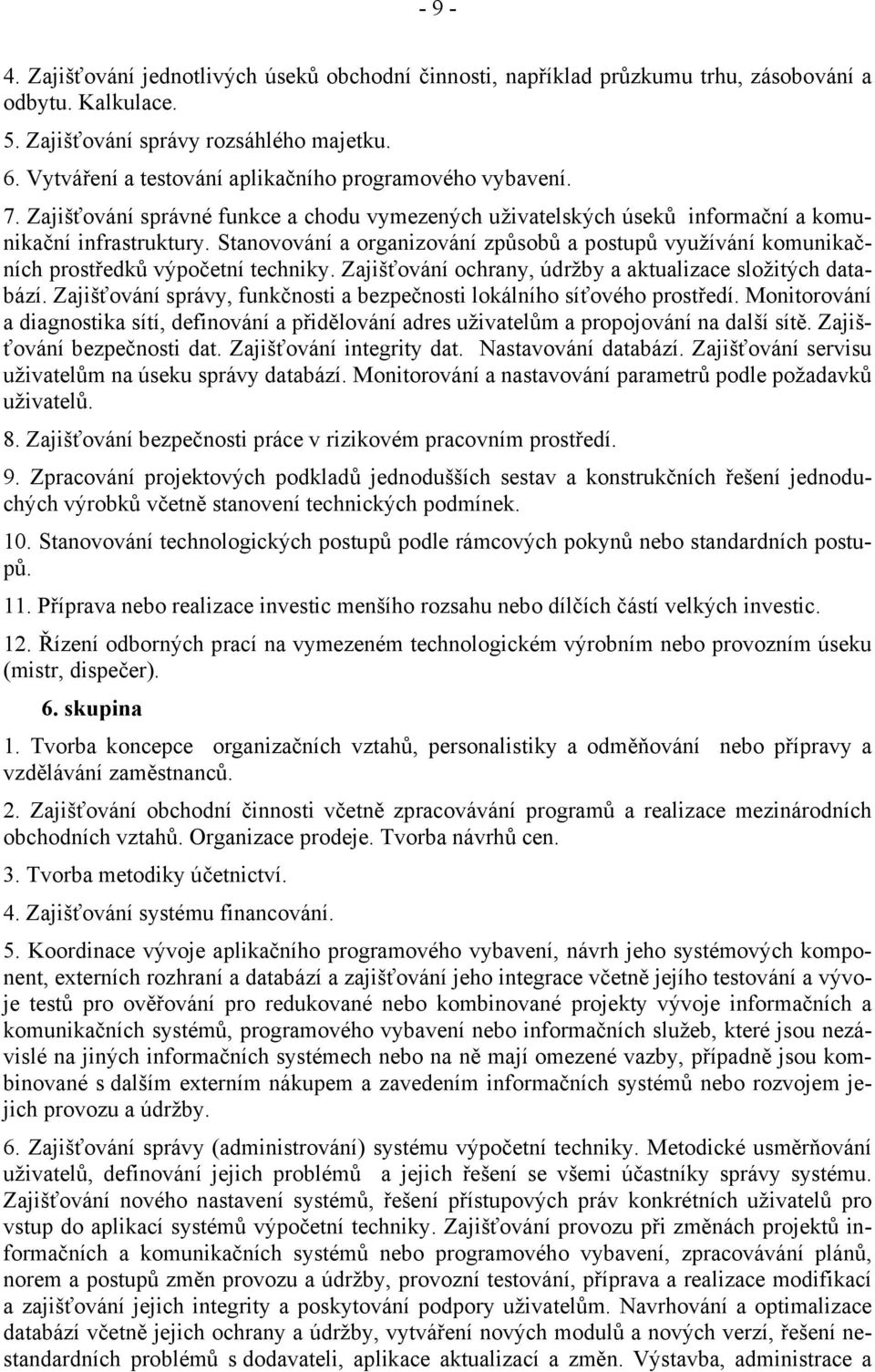 Stanovování a organizování způsobů a postupů využívání komunikačních prostředků výpočetní techniky. Zajišťování ochrany, údržby a aktualizace složitých databází.