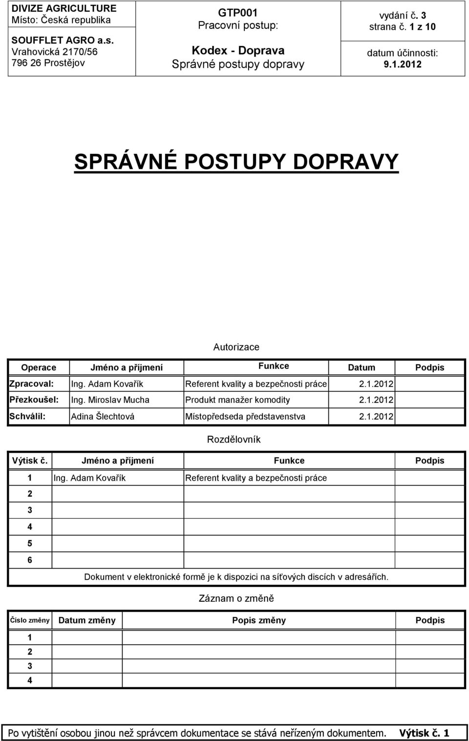 1.2012 Rozdělovník Výtisk č. Jméno a příjmení Funkce Podpis 1 Ing.