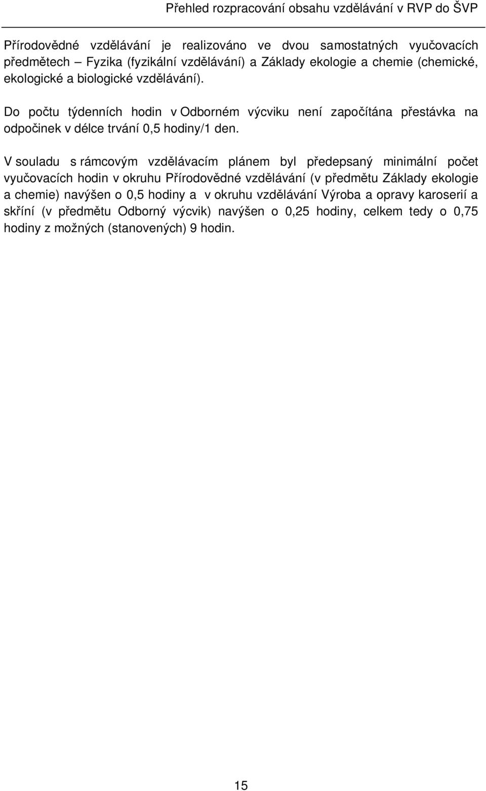 Do po tu týdenních hodin v Odborném výcviku není zapo ítána p estávka na odpo inek v délce trvání 0,5 hodiny/1 den.