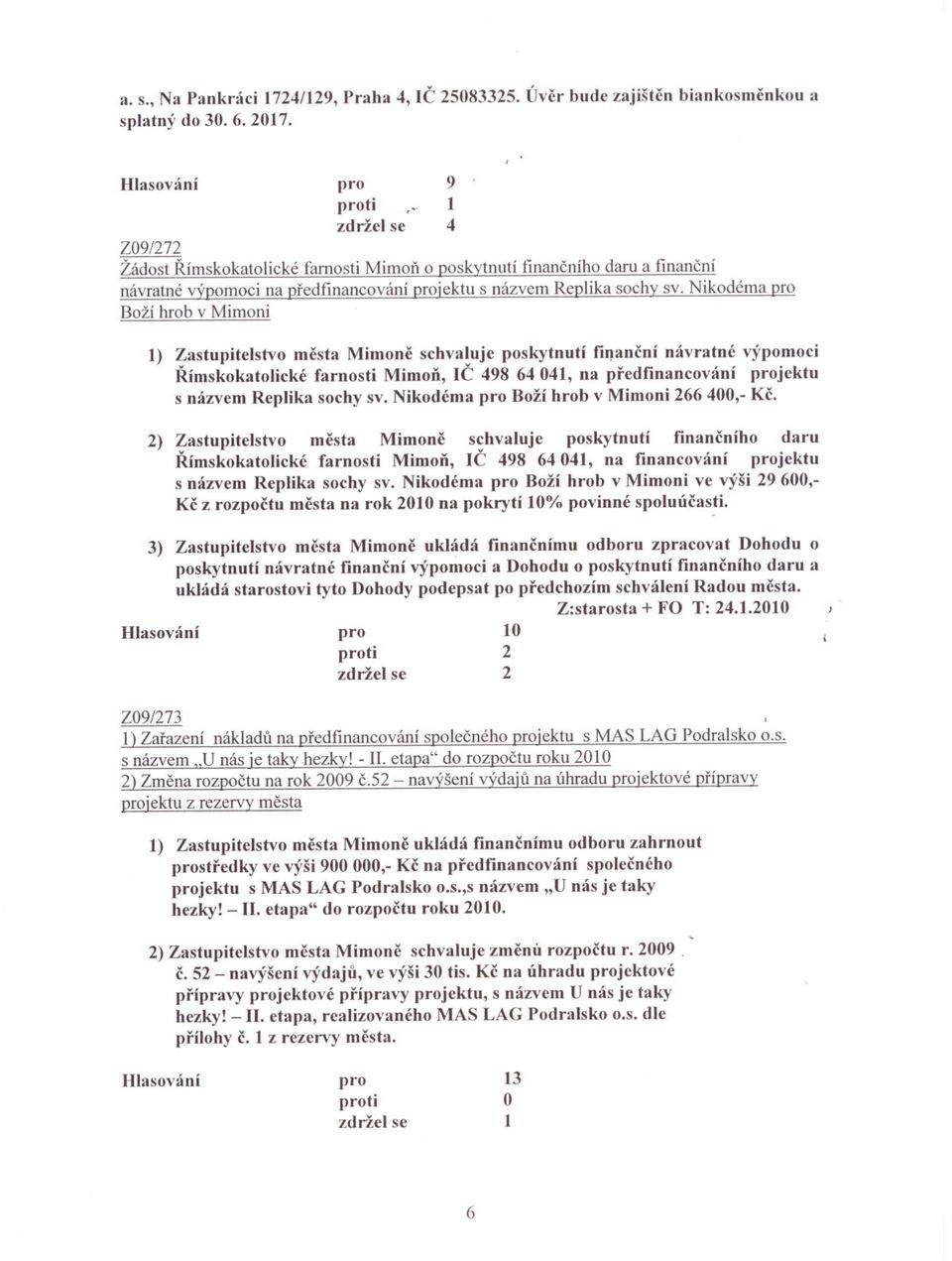 Nikodéma BožÍ hrob v Mimoni ) Zastupitelstvo mcsta Mimone schvaluje poskytnutí fiqancní návratné výpomoci Rímskokatolické farnosti Mimon, IC 98 60, na predfinancování jektu s názvem Replika sochy sv.