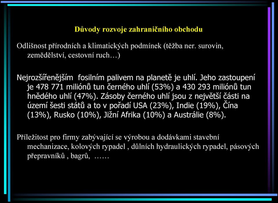 Jeho zastoupení je 478 771 miliónů tun černého uhlí (53%) a 430 293 miliónů tun hnědého uhlí (47%).