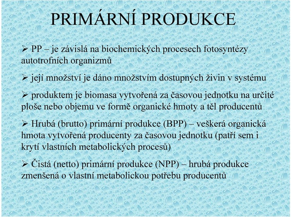 těl producentů Hrubá (brutto) primární produkce (BPP) veškerá organická hmota vytvořená producenty za časovou jednotku (patří sem i