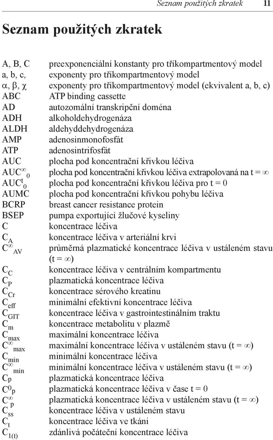 adenosintrifosfát AUC plocha pod koncentrační křivkou léčiva AUC 0 plocha pod koncentrační křivkou léčiva extrapolovaná na t = AUC t 0 plocha pod koncentrační křivkou léčiva pro t = 0 AUMC plocha pod