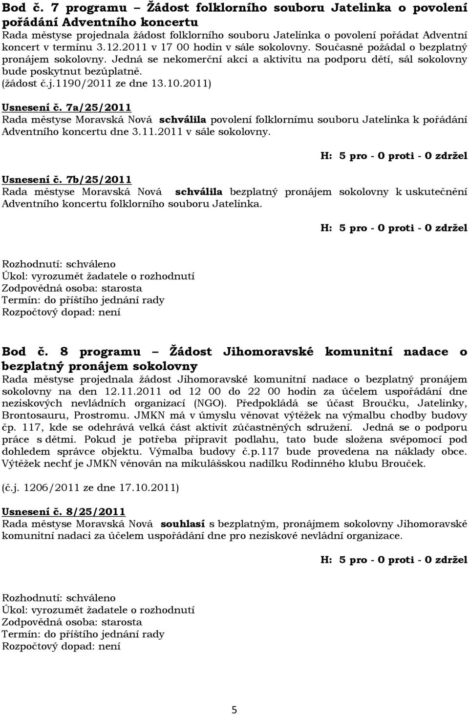 2011 v 17 00 hodin v sále sokolovny. Současně požádal o bezplatný pronájem sokolovny. Jedná se nekomerční akci a aktivitu na podporu dětí, sál sokolovny bude poskytnut bezúplatně. (žádost č.j.1190/2011 ze dne 13.