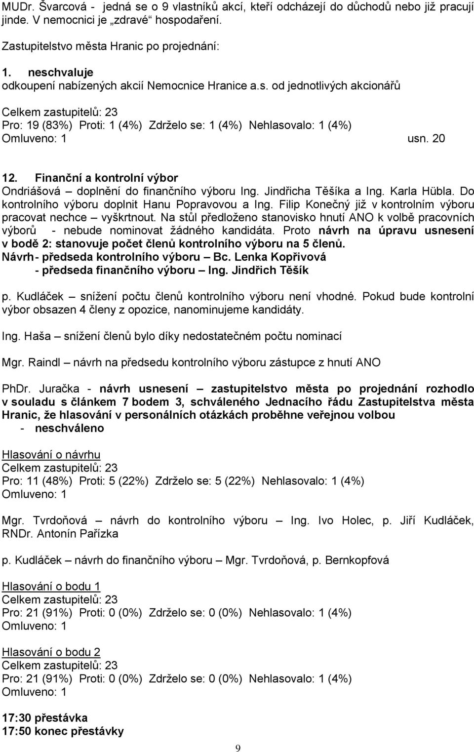 Filip Konečný jiţ v kontrolním výboru pracovat nechce vyškrtnout. Na stůl předloţeno stanovisko hnutí ANO k volbě pracovních výborů - nebude nominovat ţádného kandidáta.