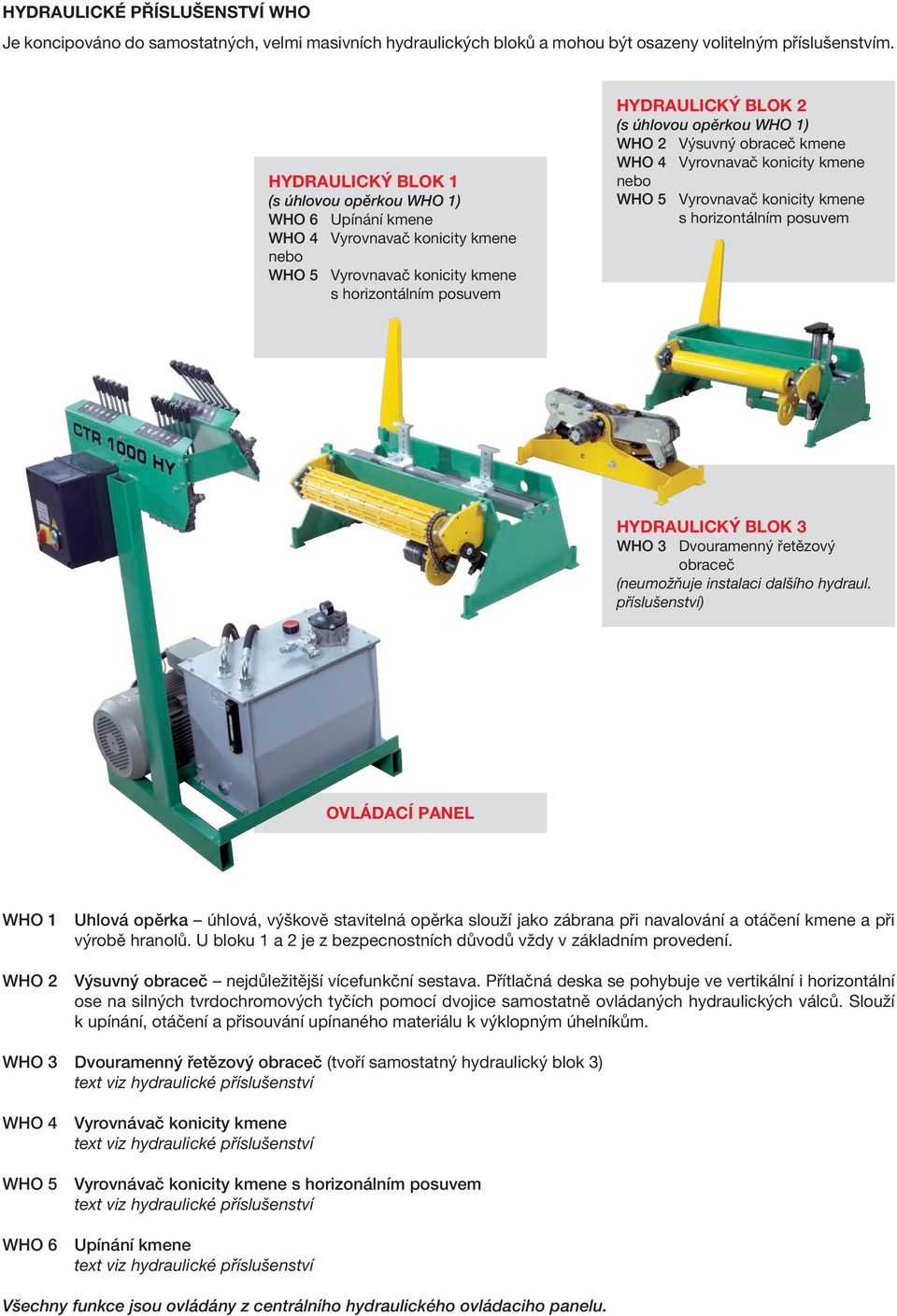 1) WHO 2 Výsuvný obraceč kmene WHO 4 Vyrovnavač konicity kmene nebo WHO 5 Vyrovnavač konicity kmene s horizontálním posuvem HYDRAULICKÝ BLOK 3 WHO 3 Dvouramenný řetězový obraceč (neumožňuje instalaci