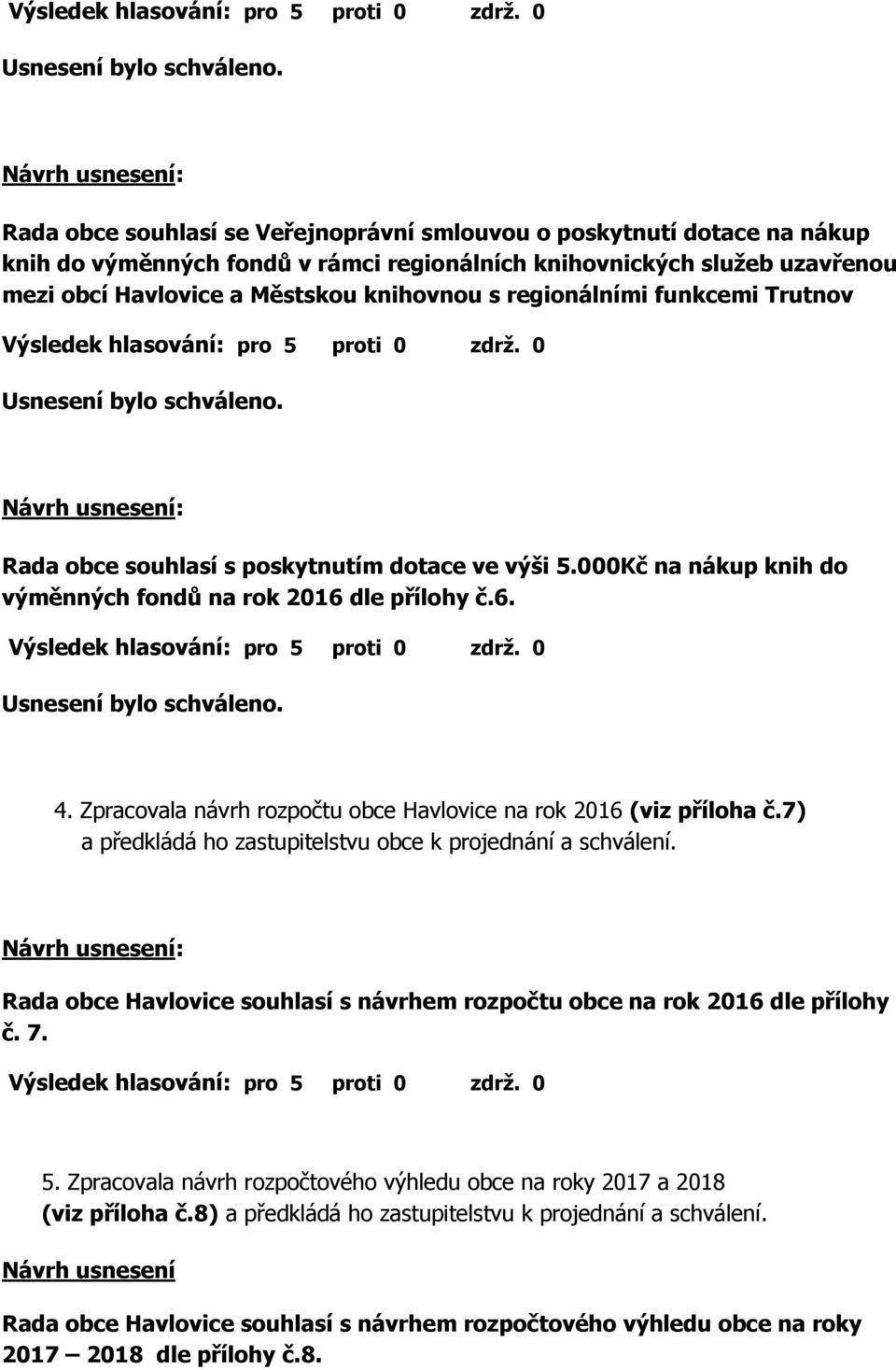 Zpracovala návrh rozpočtu obce Havlovice na rok 2016 (viz příloha č.7) a předkládá ho zastupitelstvu obce k projednání a schválení.