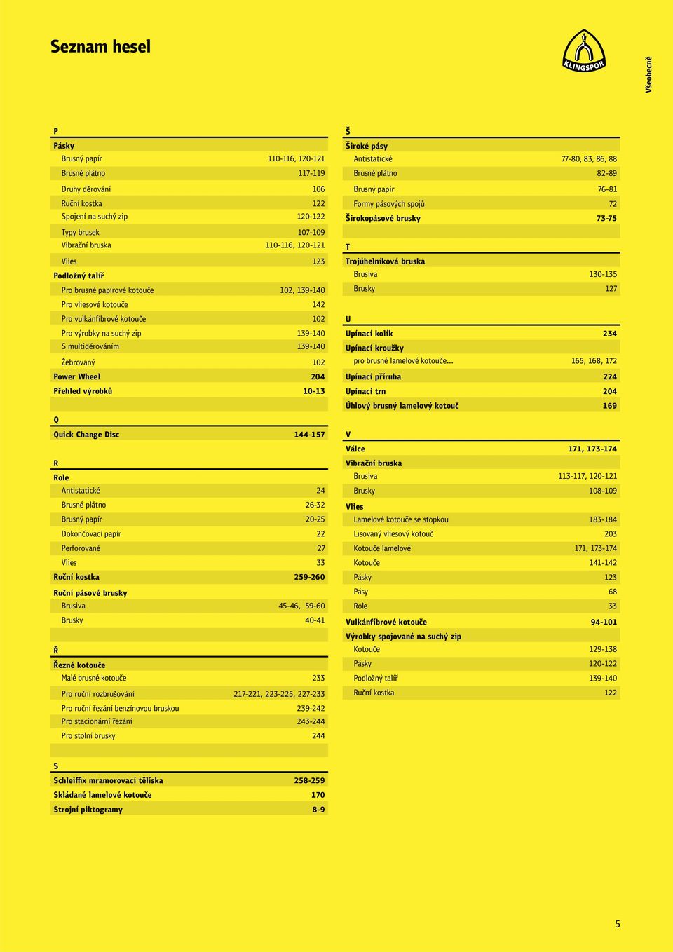 102 Power Wheel 204 Přehled výrobků 10-13 Q Quick Change Disc 144-157 R Role Antistatické 24 Brusné plátno 26-32 Brusný papír 20-25 Dokončovací papír 22 Perforované 27 Vlies 33 Ruční kostka 259-260