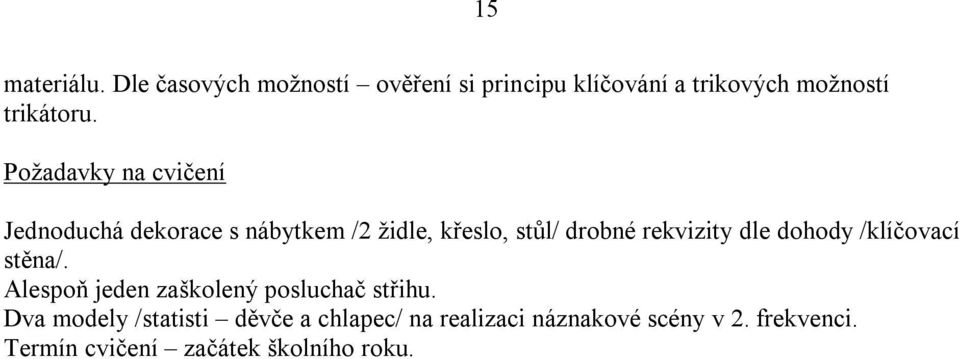 Požadavky na cvičení Jednoduchá dekorace s nábytkem /2 židle, křeslo, stůl/ drobné rekvizity