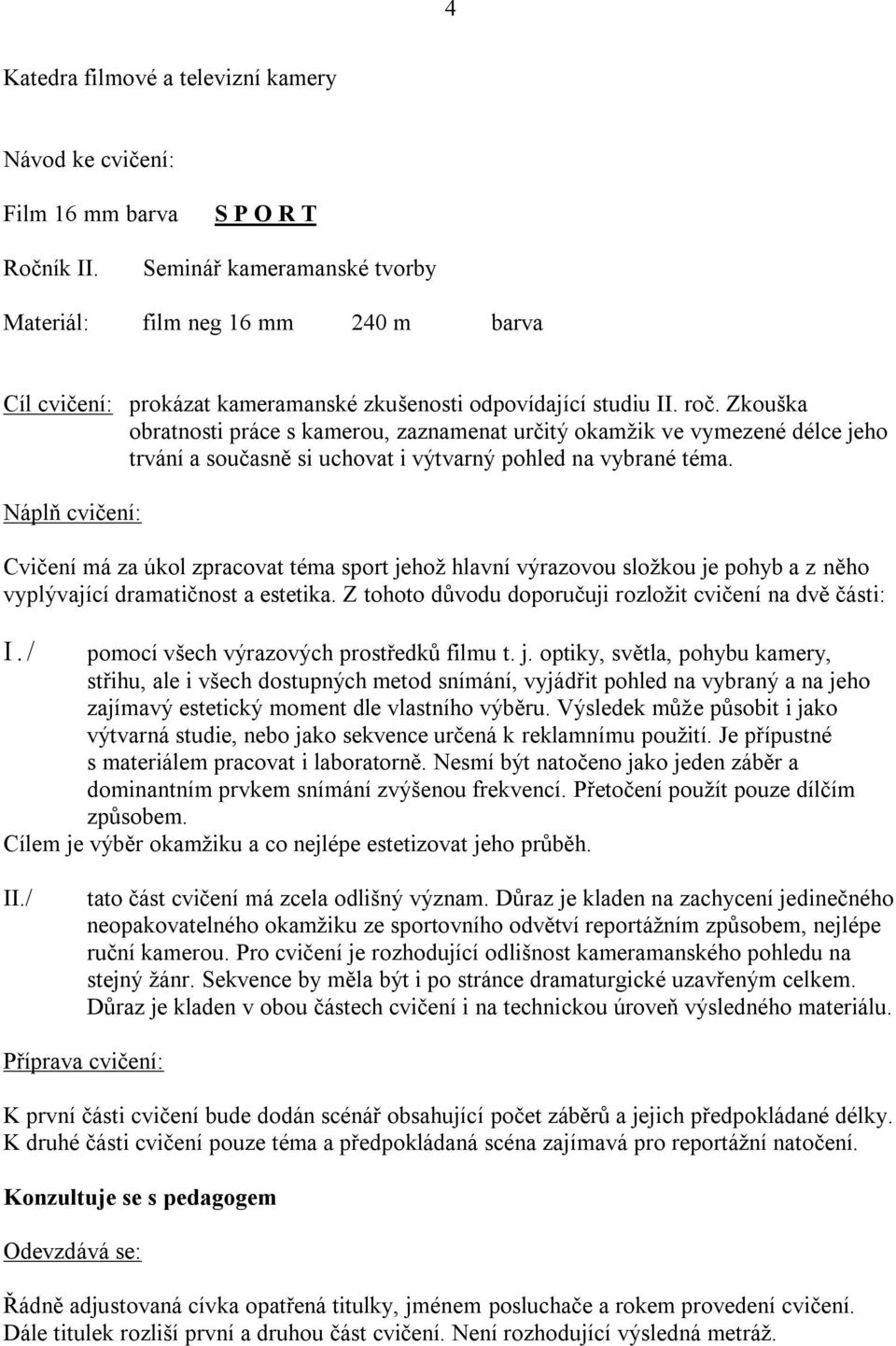 Zkouška obratnosti práce s kamerou, zaznamenat určitý okamžik ve vymezené délce jeho trvání a současně si uchovat i výtvarný pohled na vybrané téma.