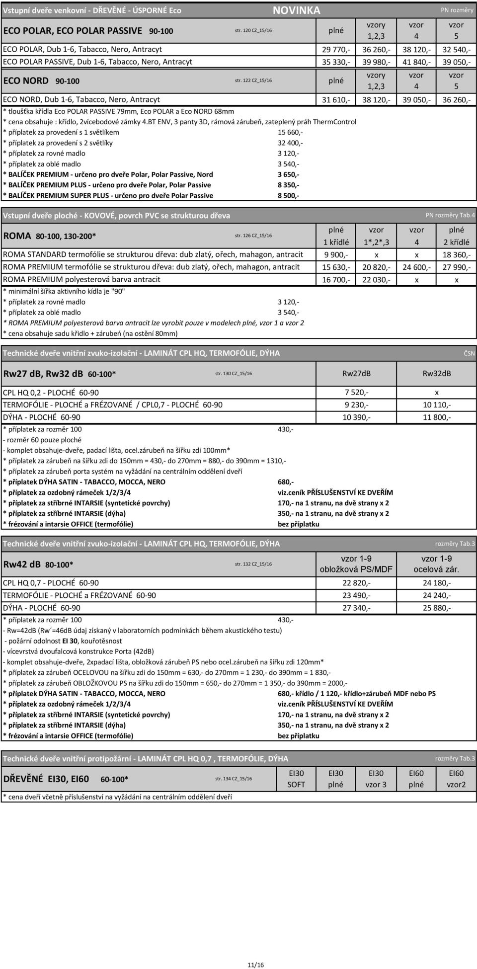 122 CZ_15/16 NOVINKA 29 770,- 36 260,- 38 120,- 32 540,- 35 330,- 39 980,- 41 840,- 39 050,- ECO NORD, Dub 1-6, Tabacco, Nero, Antracyt 31 610,- 38 120,- 39 050,- 36 260,- * tloušťka křídla Eco POLAR