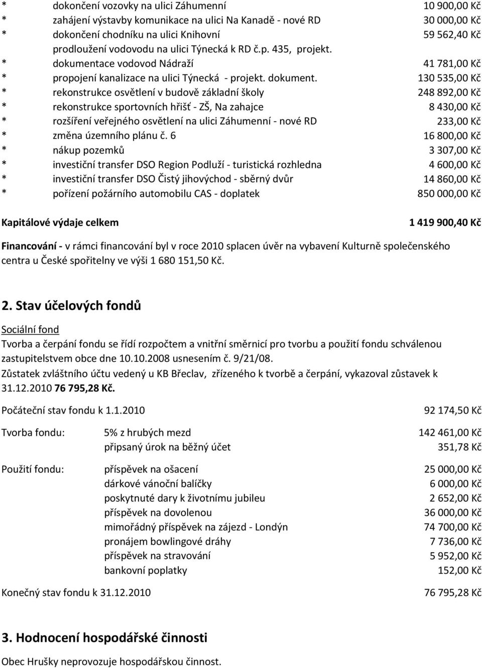 rekonstrukce osvětlení v budově základní školy rekonstrukce sportovních hřišť ZŠ, Na zahajce rozšíření veřejného osvětlení na ulici Záhumenní nové RD změna územního plánu č.