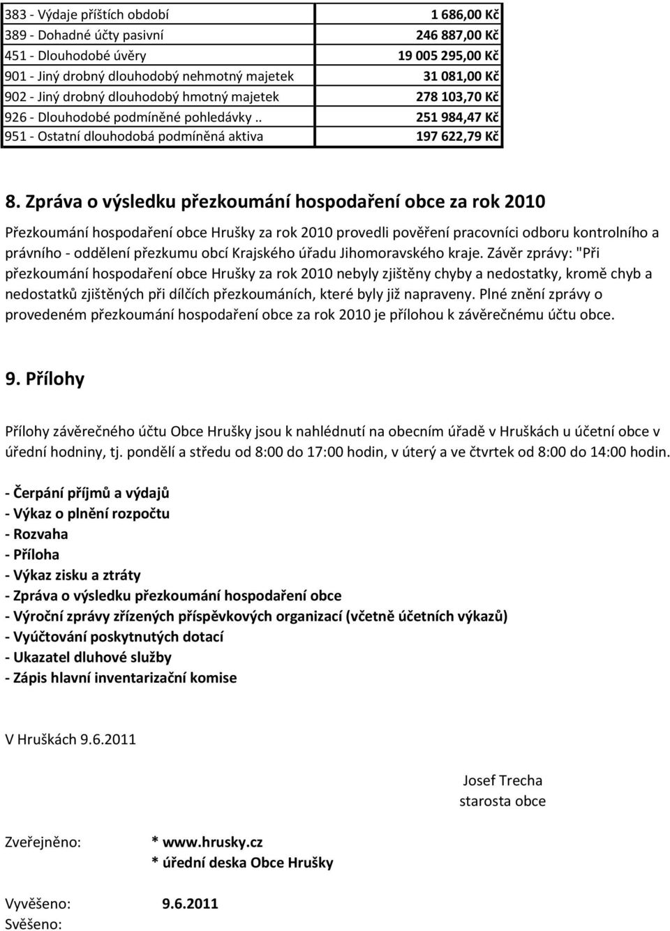 Zpráva o výsledku přezkoumání hospodaření obce za rok 2010 Přezkoumání hospodaření obce Hrušky za rok 2010 provedli pověření pracovníci odboru kontrolního a právního oddělení přezkumu obcí Krajského