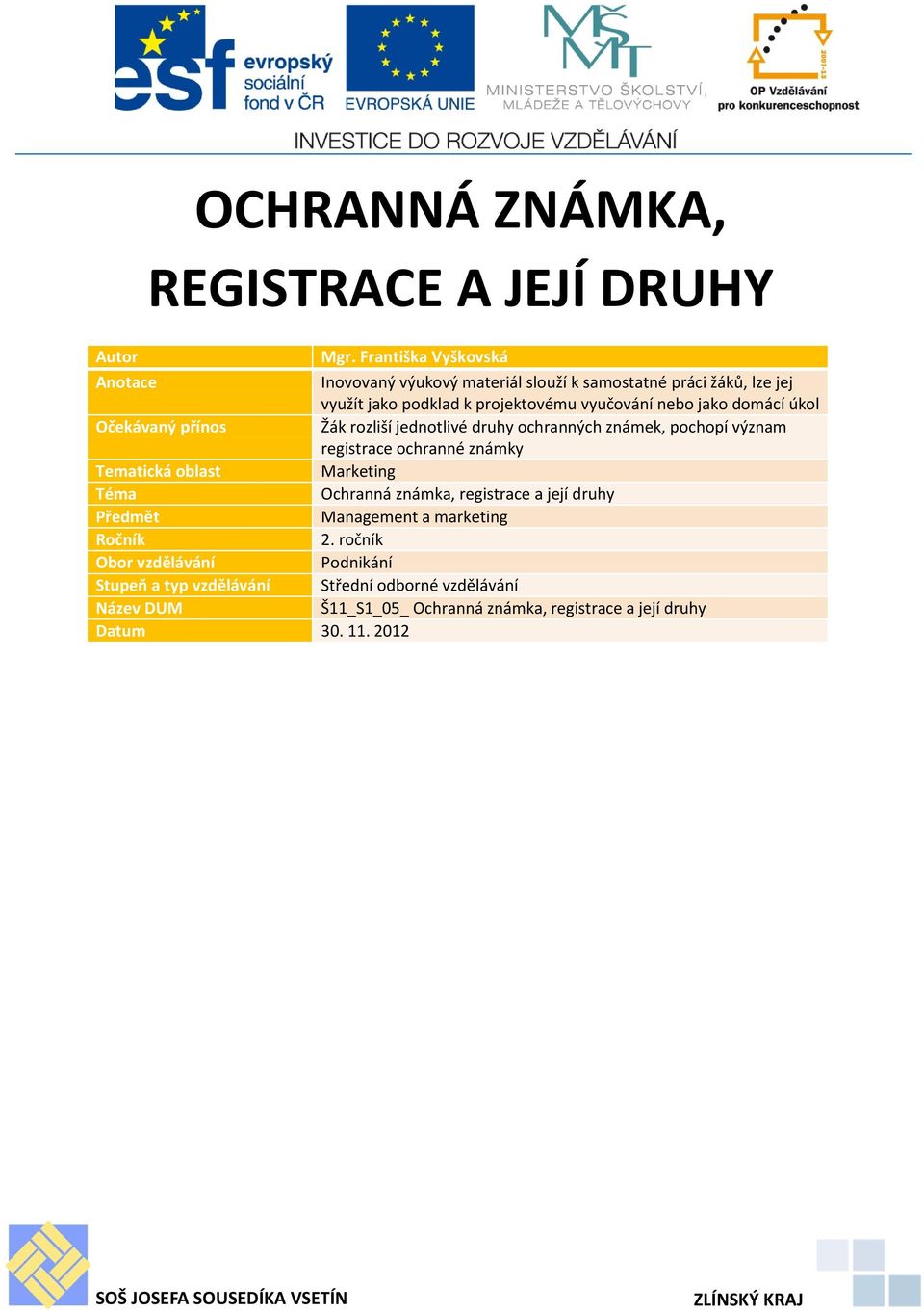 úkol Očekávaný přínos Žák rozliší jednotlivé druhy ochranných známek, pochopí význam registrace ochranné známky Tematická oblast Marketing Téma Ochranná