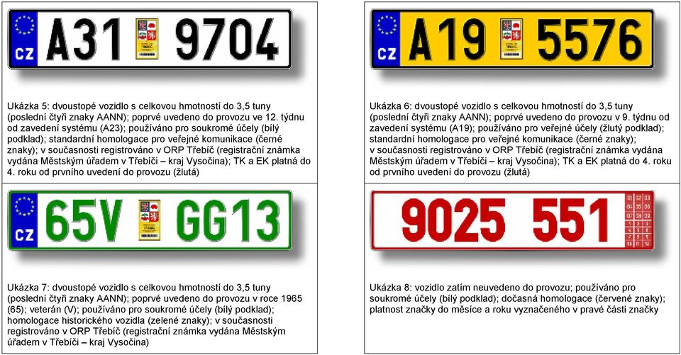 roku od prvního uvedení do provozu (žlutá) Ukázka 6: dvoustopé vozidlo s celkovou hmotností do 3,5 tuny (poslední čtyři znaky AANN); poprvé uvedeno do provozu v 9.