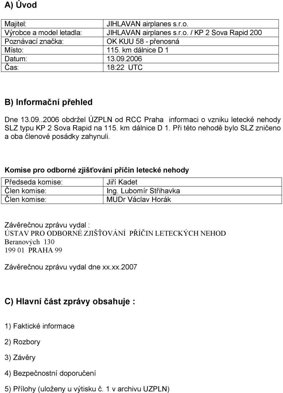 Při této nehodě bylo SLZ zničeno a oba členové posádky zahynuli. Komise pro odborné zjišťování příčin letecké nehody Předseda komise: Jiří Kadet Člen komise: Ing.