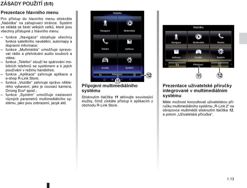 umožňuje spravovat rádio a přehrávání audio souborů a videa; funkce Telefon slouží ke spárování mobilních telefonů se systémem a k jejich používání v režimu handsfree; funkce Aplikace zahrnuje