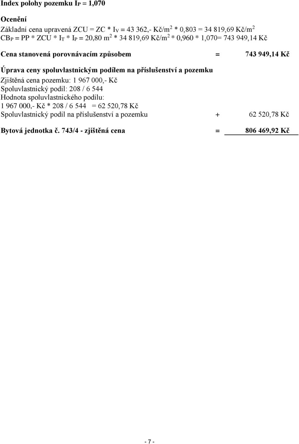 na příslušenství a pozemku Zjištěná cena pozemku: 1 967 000,- Kč Spoluvlastnický podíl: 208 / 6 544 Hodnota spoluvlastnického podílu: 1 967 000,- Kč *