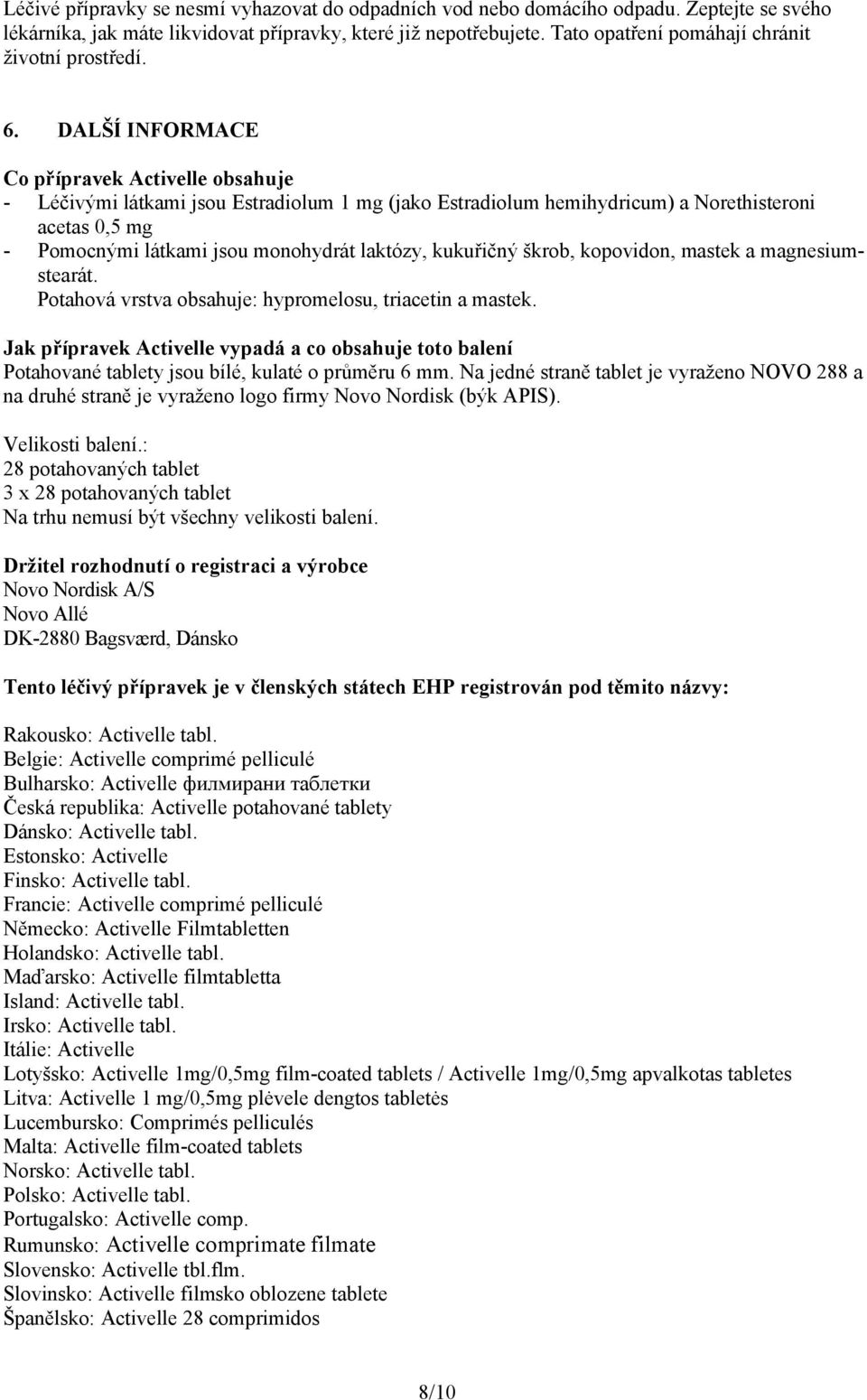 DALŠÍ INFORMACE Co přípravek Activelle obsahuje - Léčivými látkami jsou Estradiolum 1 mg (jako Estradiolum hemihydricum) a Norethisteroni acetas 0,5 mg - Pomocnými látkami jsou monohydrát laktózy,