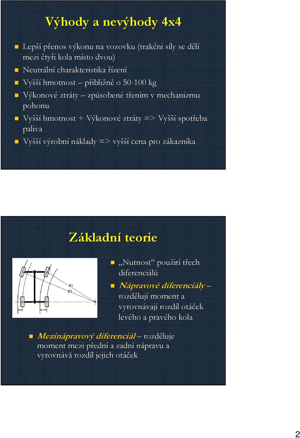 Vyšší výrobní náklady => vyšší cena pro zákaznz kazníka Základní teorie Nutnost použit ití třech diferenciálů Nápravové diferenciály rozděluj lují moment a