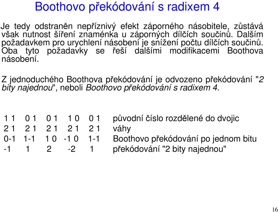 Oba tyto požadavky e řeší dalšími modifikaemi Boothova náobení.