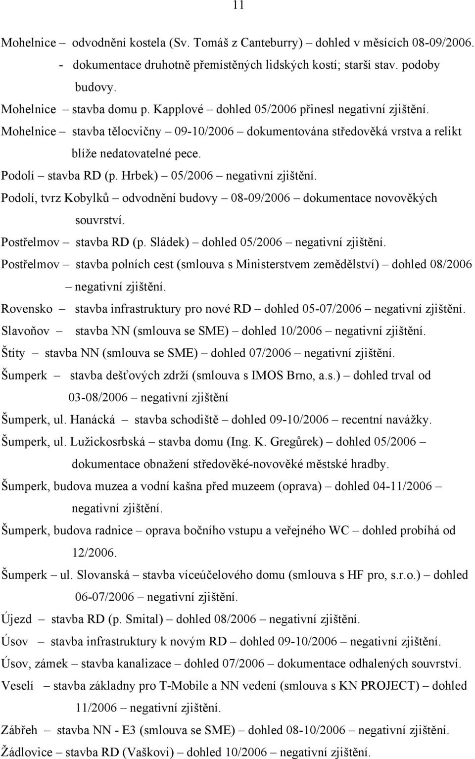 Hrbek) 05/2006 negativní zjištění. Podolí, tvrz Kobylků odvodnění budovy 08-09/2006 dokumentace novověkých souvrství. Postřelmov stavba RD (p. Sládek) dohled 05/2006 negativní zjištění.