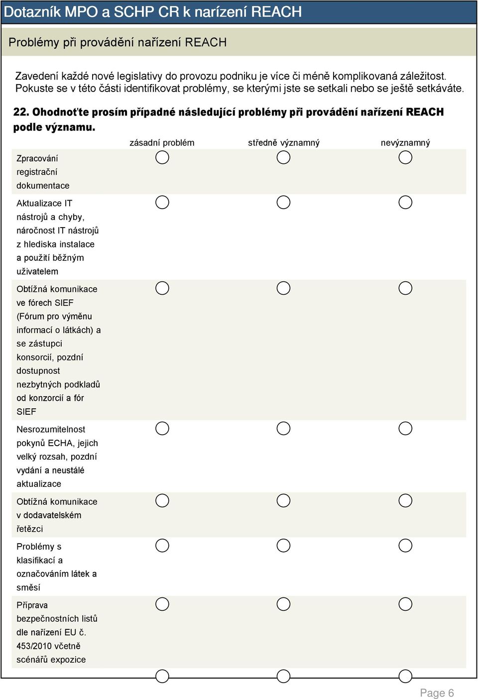 Zpracování registrační dokumentace zásadní problém středně významný nevýznamný Aktualizace IT nástrojů a chyby, náročnost IT nástrojů z hlediska instalace a použití běžným uživatelem Obtížná