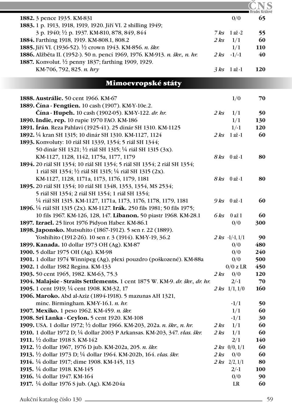 ½ penny 1837; farthing 1909, 1929. KM-706, 792, 825. n. hry 3 ks 1 až -1 120 Mimoevropské státy 1888. Austrálie. 50 cent 1966. KM-67 1/0 70 1889. Čína - Fengtien. 10 cash (1907). KM-Y-10e.2. Čína - Hupeh.