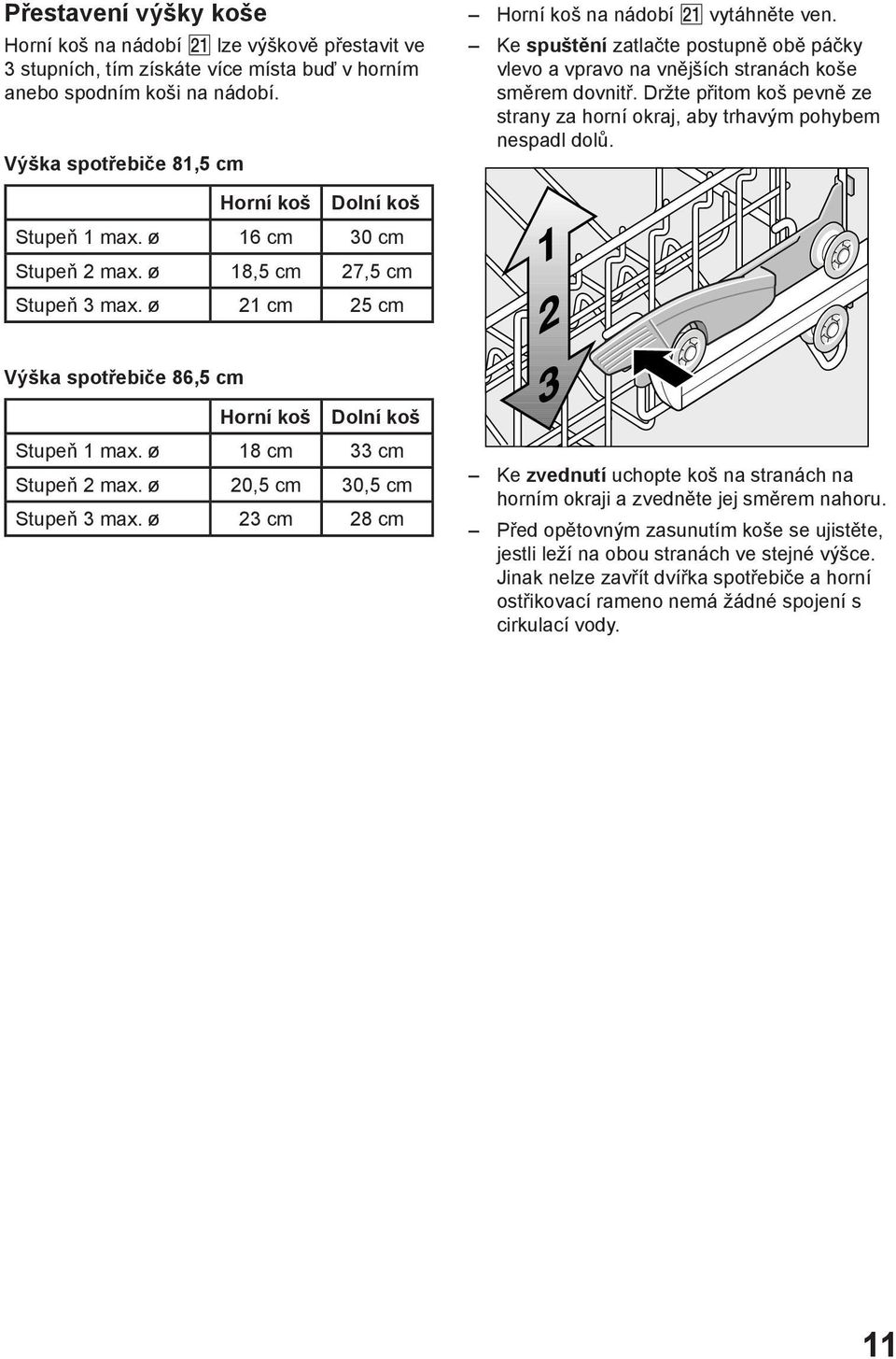 Držte přitom koš pevně ze strany za horní okraj, aby trhavým pohybem nespadl dolů. Horní koš Dolní koš Stupeň 1 max. ø 16 cm 30 cm Stupeň 2 max. ø 18,5 cm 27,5 cm Stupeň 3 max.