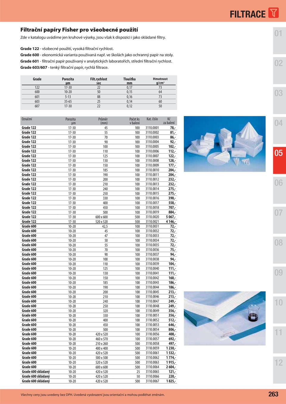 Grade 6/6 - tenký filtrační papír, rychlá filtrace. Grade Porozita Filt.