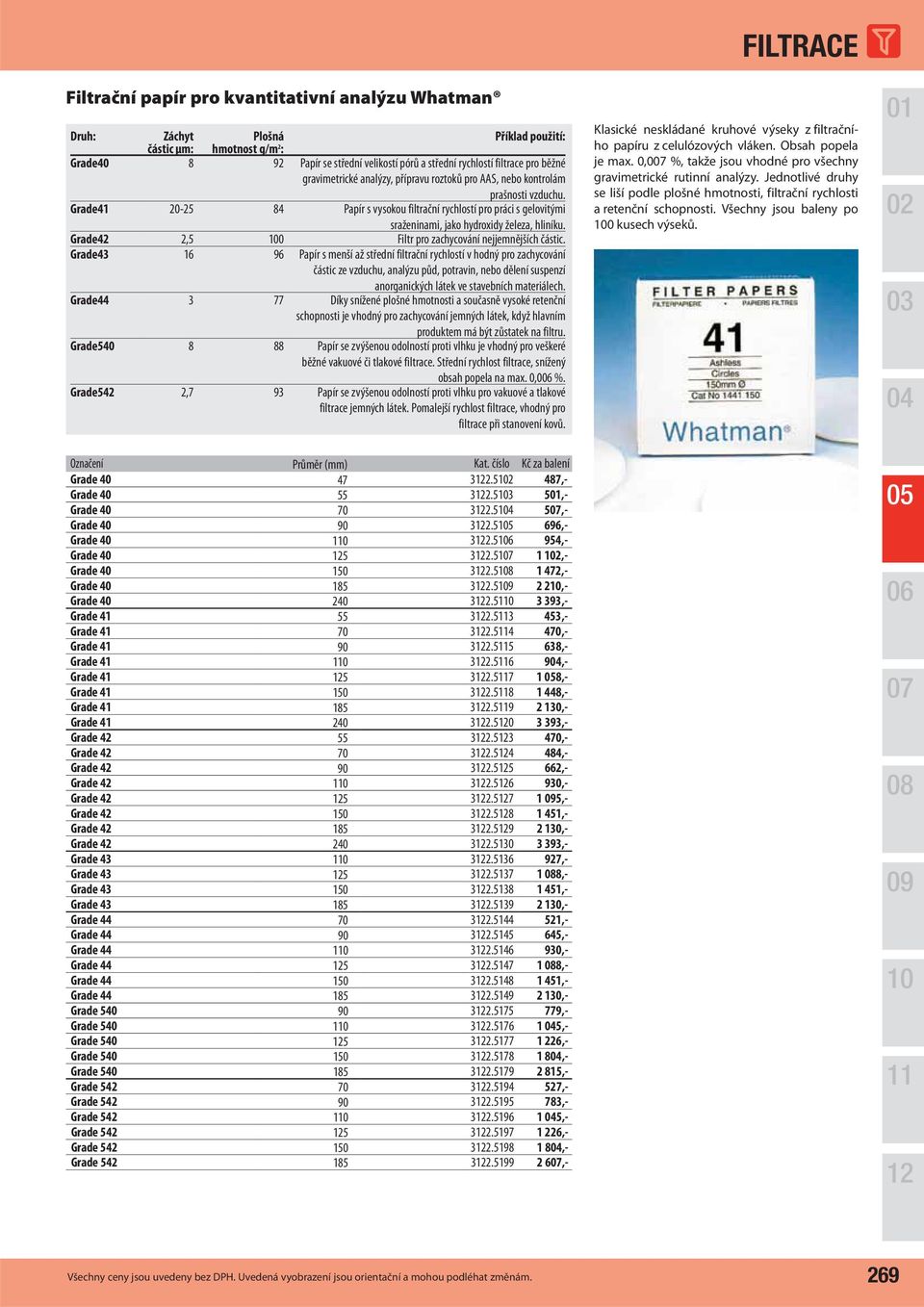 Grade41 20-25 84 Papír s vysokou filtrační rychlostí pro práci s gelovitými sraženinami, jako hydroxidy železa, hliníku. Grade42 2,5 0 Filtr pro zachycování nejjemnějších částic.